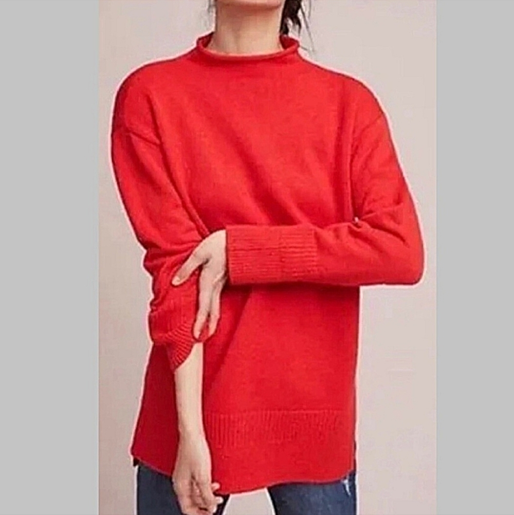 Anthropologie Moth Saskia Cozy Mock Neck Tunic Red Relaxed Fit Sweater